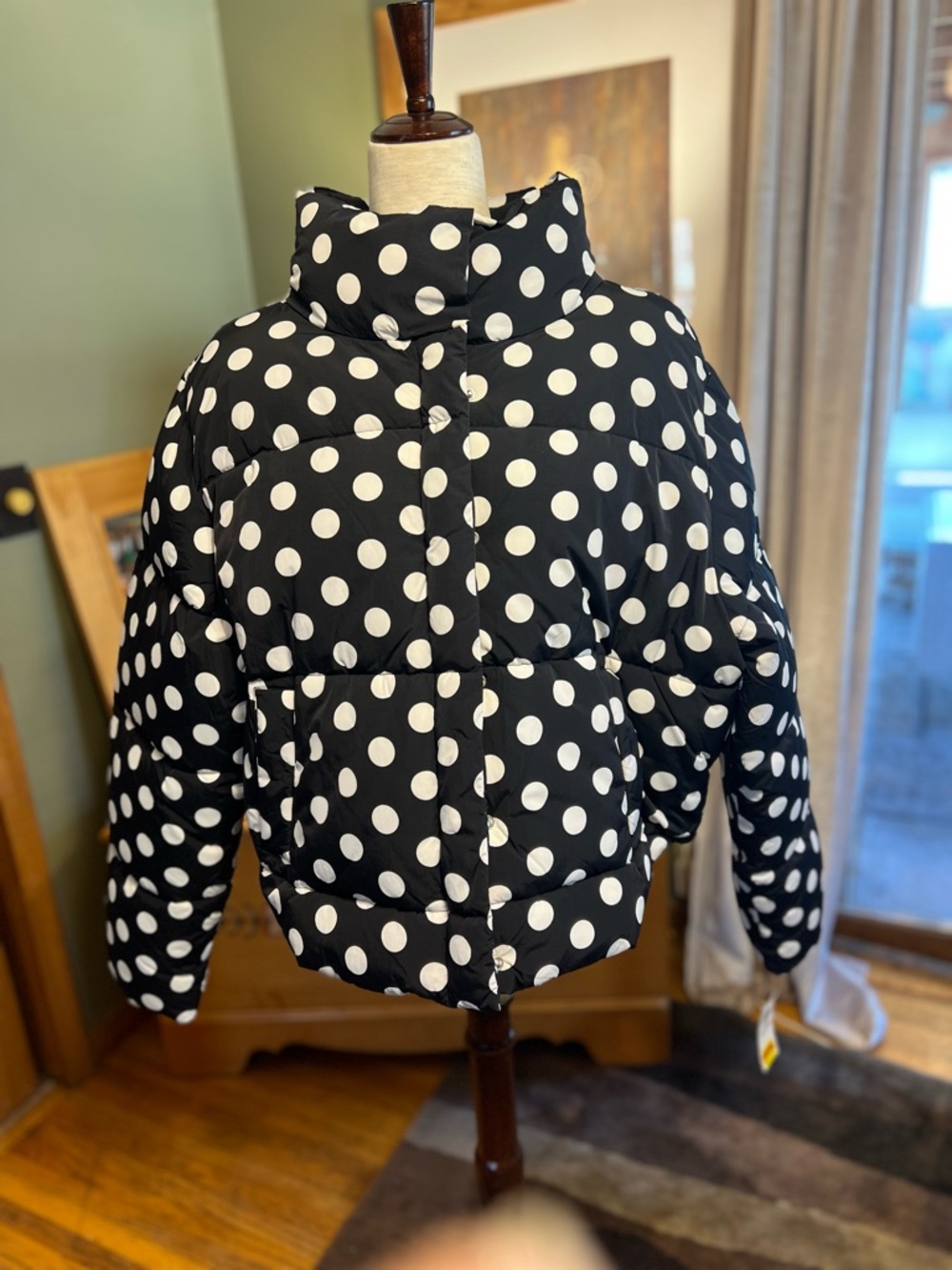 Polka Dot Short Puffer Jacket - Black/White